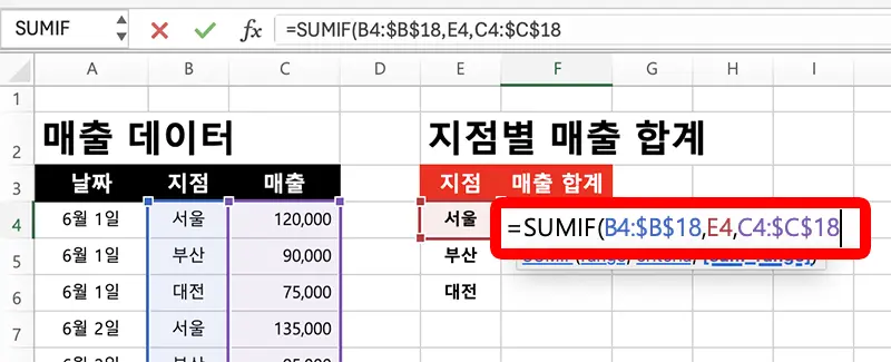 셀채우기를 위해 선택한 범위는 절대값으로 고정한다.