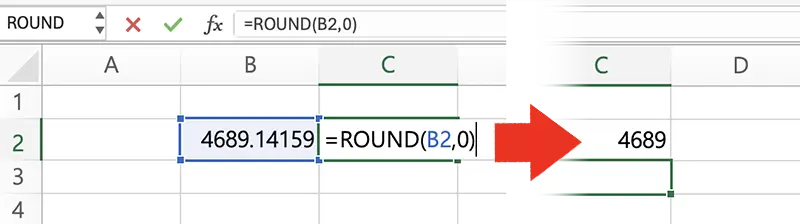 두 번째 인수 - 반올림할 자릿수 결정 -> 0을 입력하면 소수점 첫째 자리에서 반올림해 1의 자리 정수로 반올림한다.