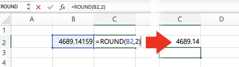 반올림할 자릿수 결정 -> 2를 입력하면 그림과 같이 소수점 아래 3번째자리에서 반올림해 소수점 아래 2번째자리까지 표시된다.
