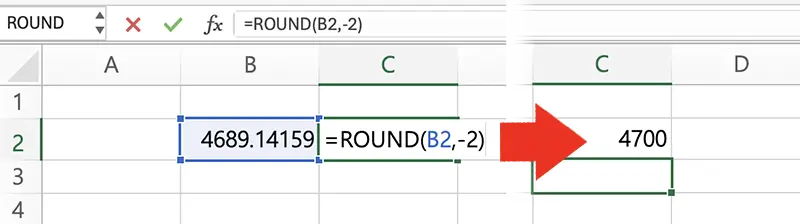 음수로 표현하면 정수의 자릿수를 기준으로 반올림된다. 아래처럼 -2를 입력한 경우 십의 자리수에서 반올림을 해 값을 반환하게 된다.