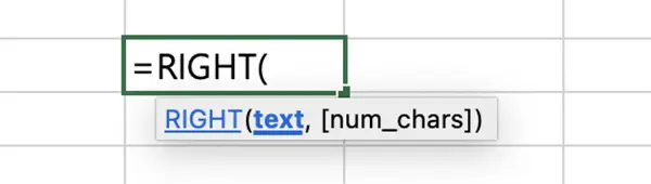 텍스트 추출 함수 중 RIGHT 함수의 기본 수식 구성