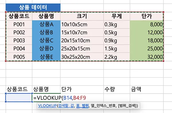 두번째 인수는 불러올 데이터가 모여있는 테이블, 즉 표 범위