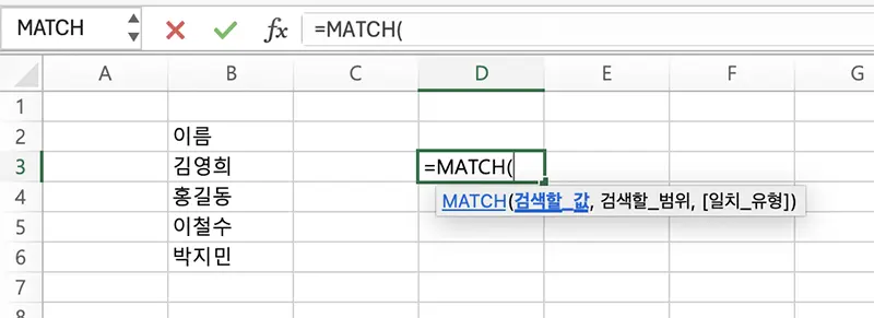 MATCH 함수 기본 인수